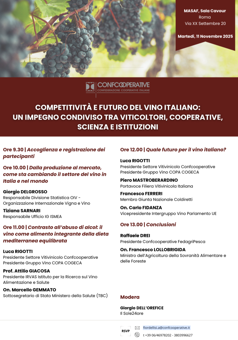 Competitività e futuro del vino italiano: un impegno condiviso tra viticoltori, cooperative, scienza e istituzioni